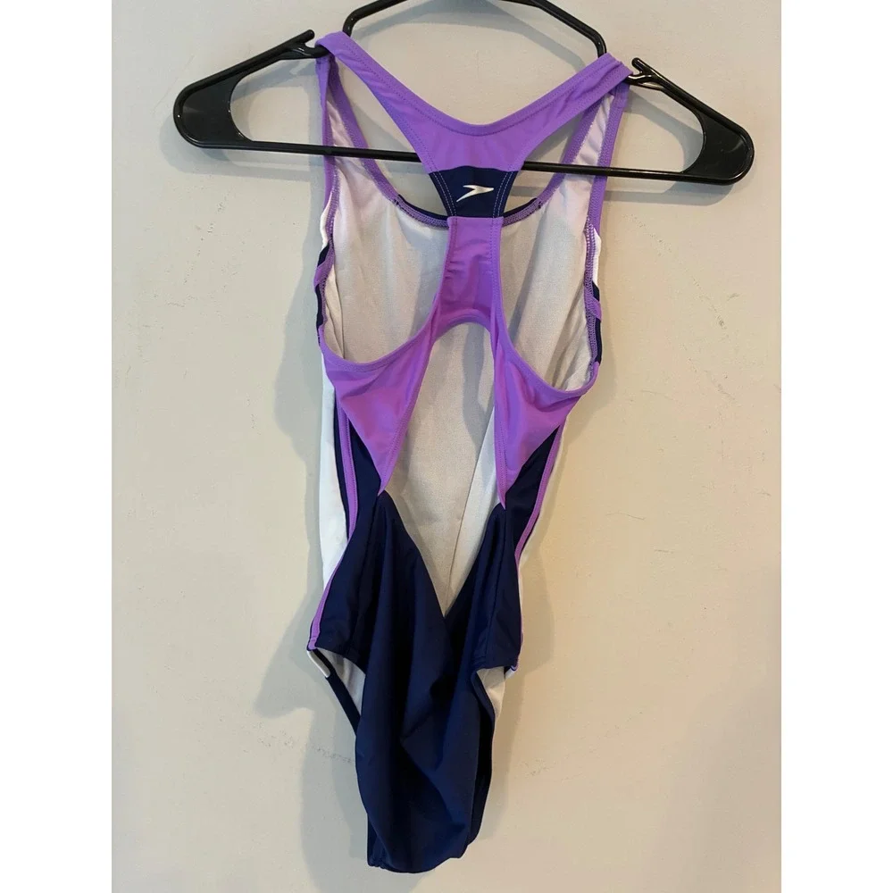 Speedo Girls Size 14 One Piece Swimsuit Navy Purple White Colorblock Racerback